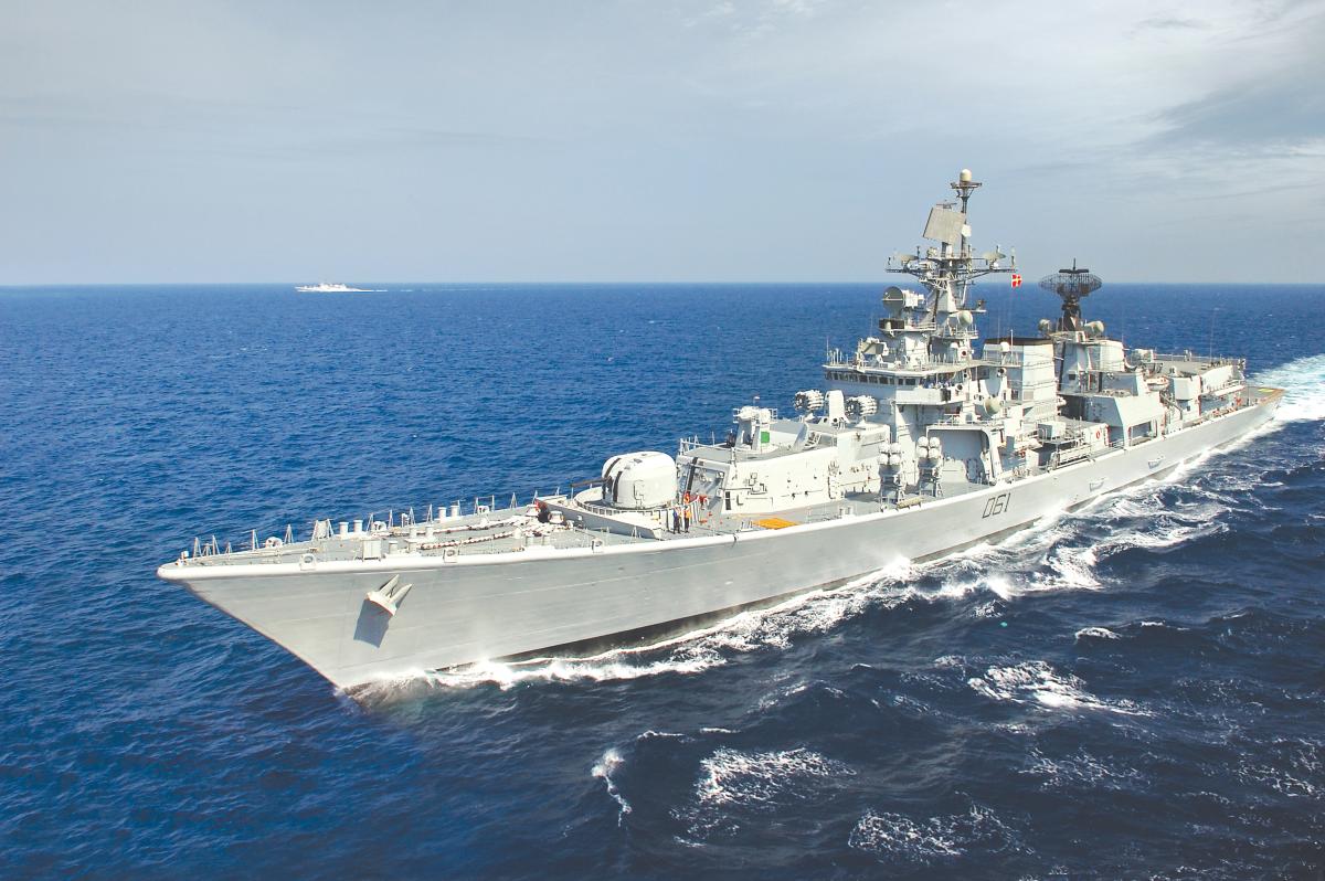 Port bow view of INS Delhi underway at sea.