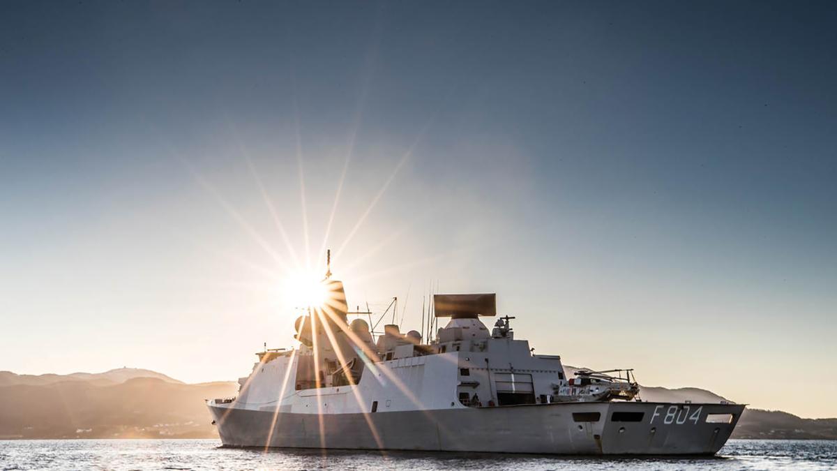 Port bow view of the Royal Netherlands Navy frigate HNLMS De Ruyter with a helicopter embarked