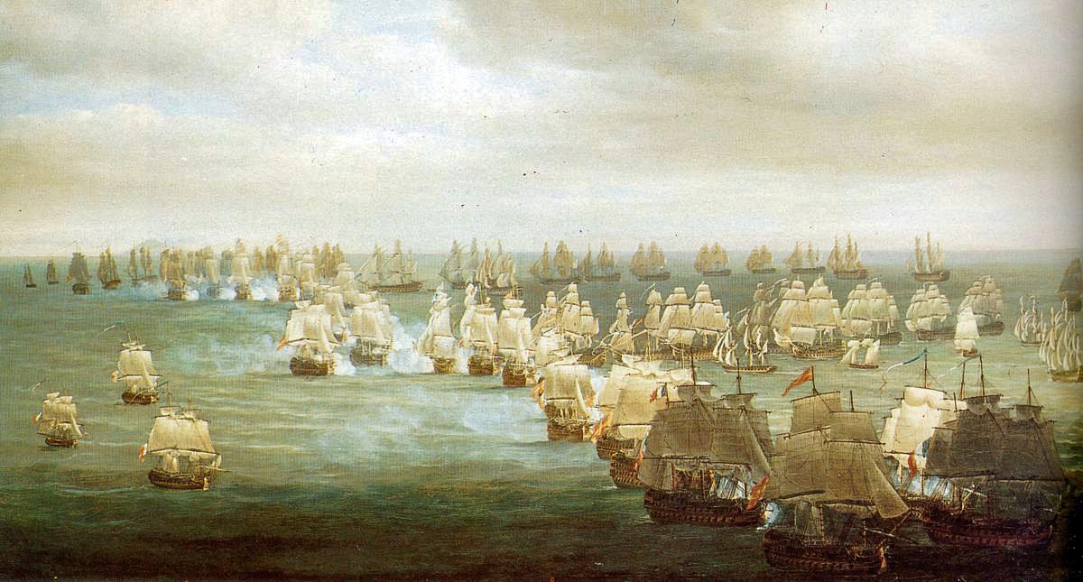 Nicholas Pocock painting of Trafalgar showing the northeast at 1300.