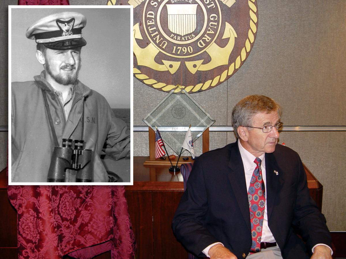 Rear Admiral Richard Rybacki with a portrait of him taken in 1957