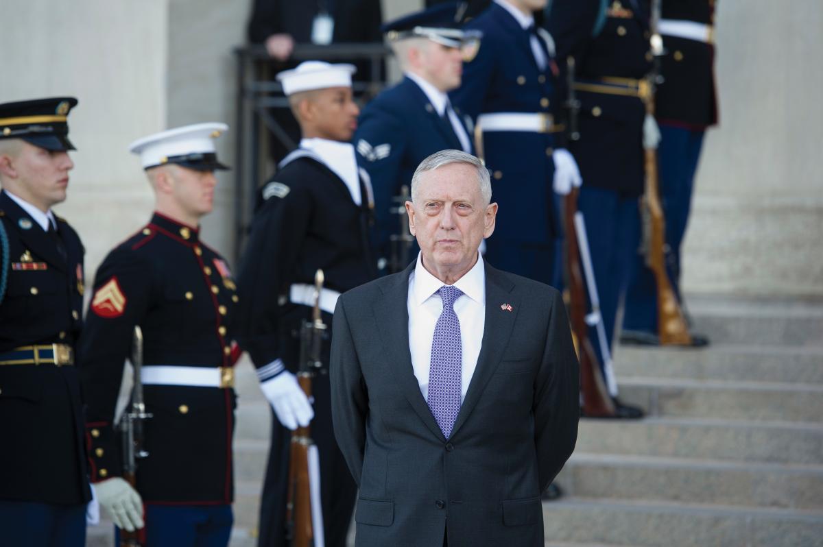 Defense Secretary Jim Mattis waits for Canadian Defense Minister Harjit Sajjan to arrive at the Pentagon for a meeting, Monday, Feb. 6, 2017