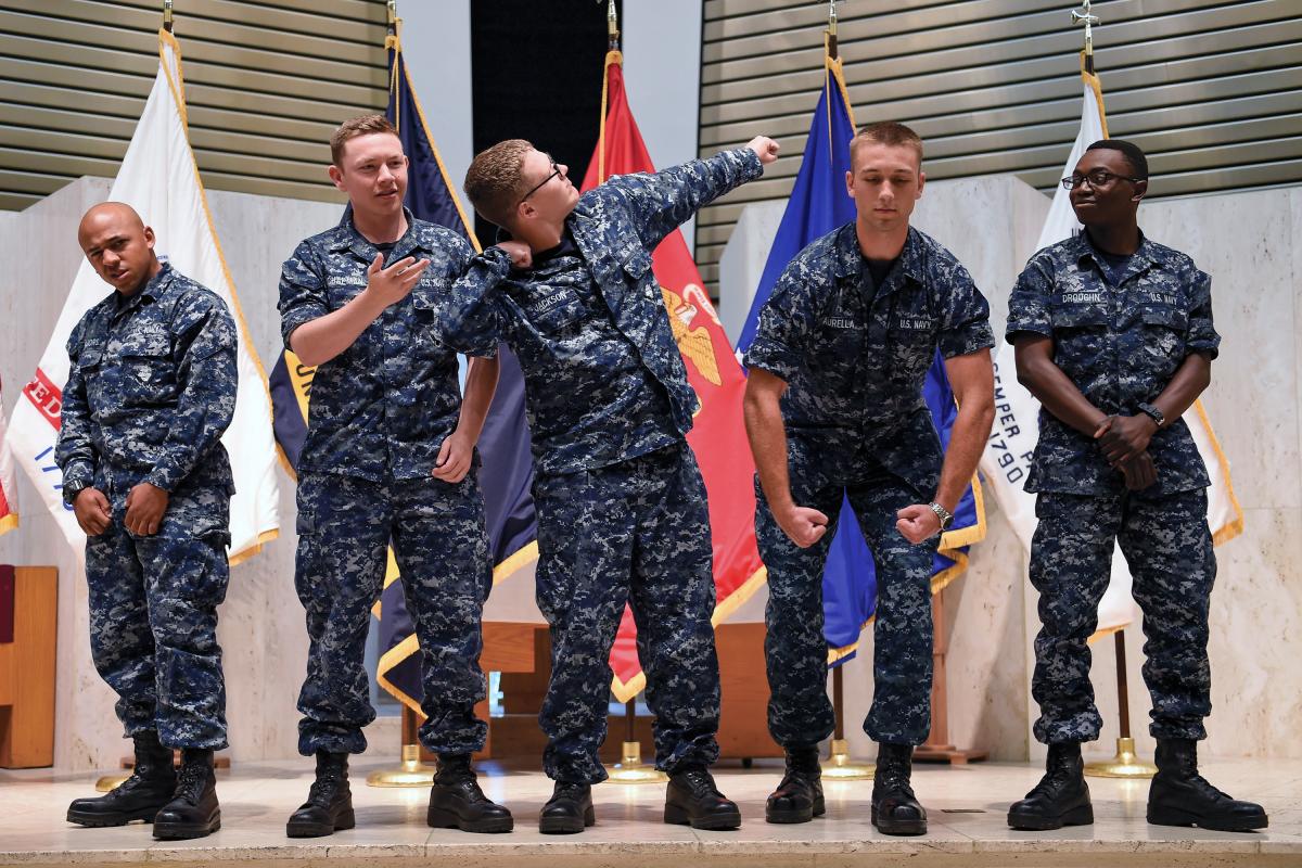 Sailors participate in a Sexual Assault Prevention and Response (SAPR) training performance