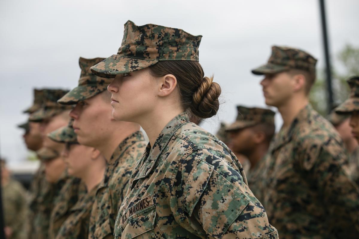 U.S. Marines with 2nd Marine Aircraft Wing stand in formation during a cake cutting ceremony at Marine Corps Air Station Cherry Point, North Carolina, Nov. 8, 2018