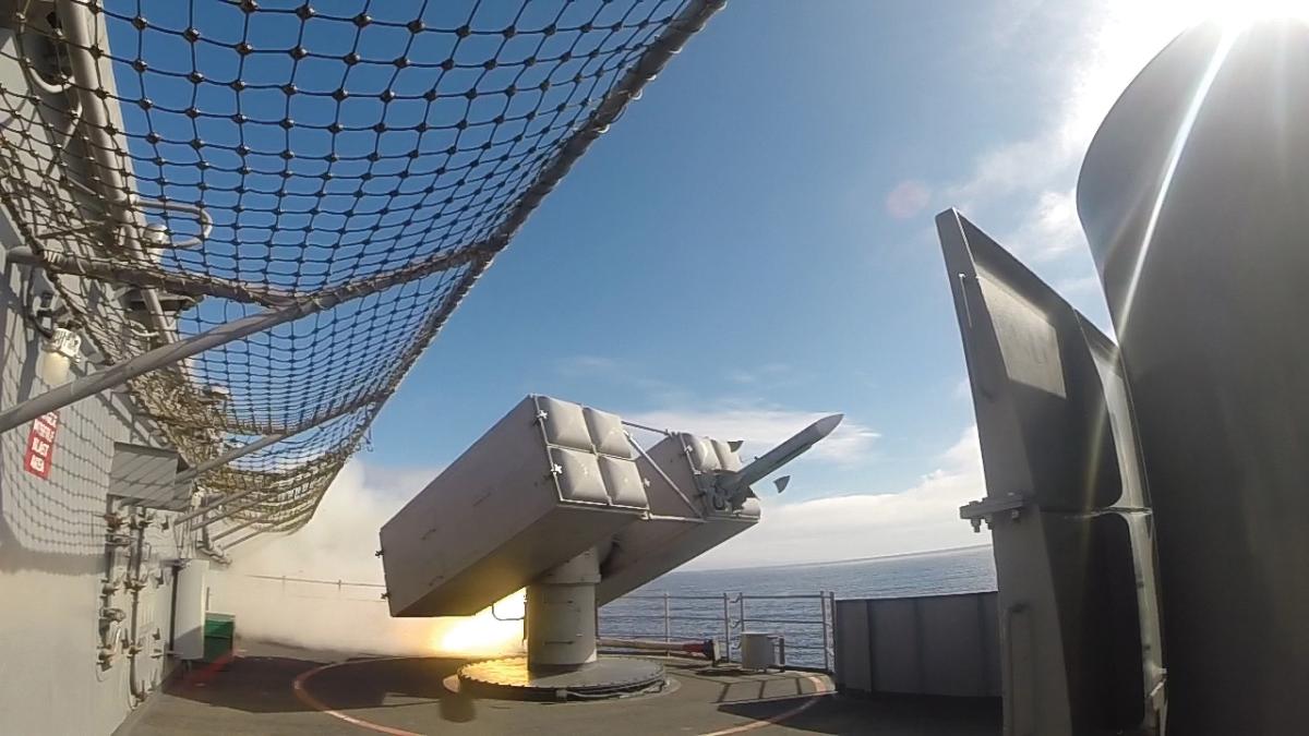 A RIM-7P missile is fired from the NATO Seasparrow launcher on the USS Boxer (LHD-4)