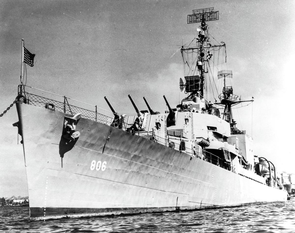 Surface port bow view of USS Higbee (DD-806)