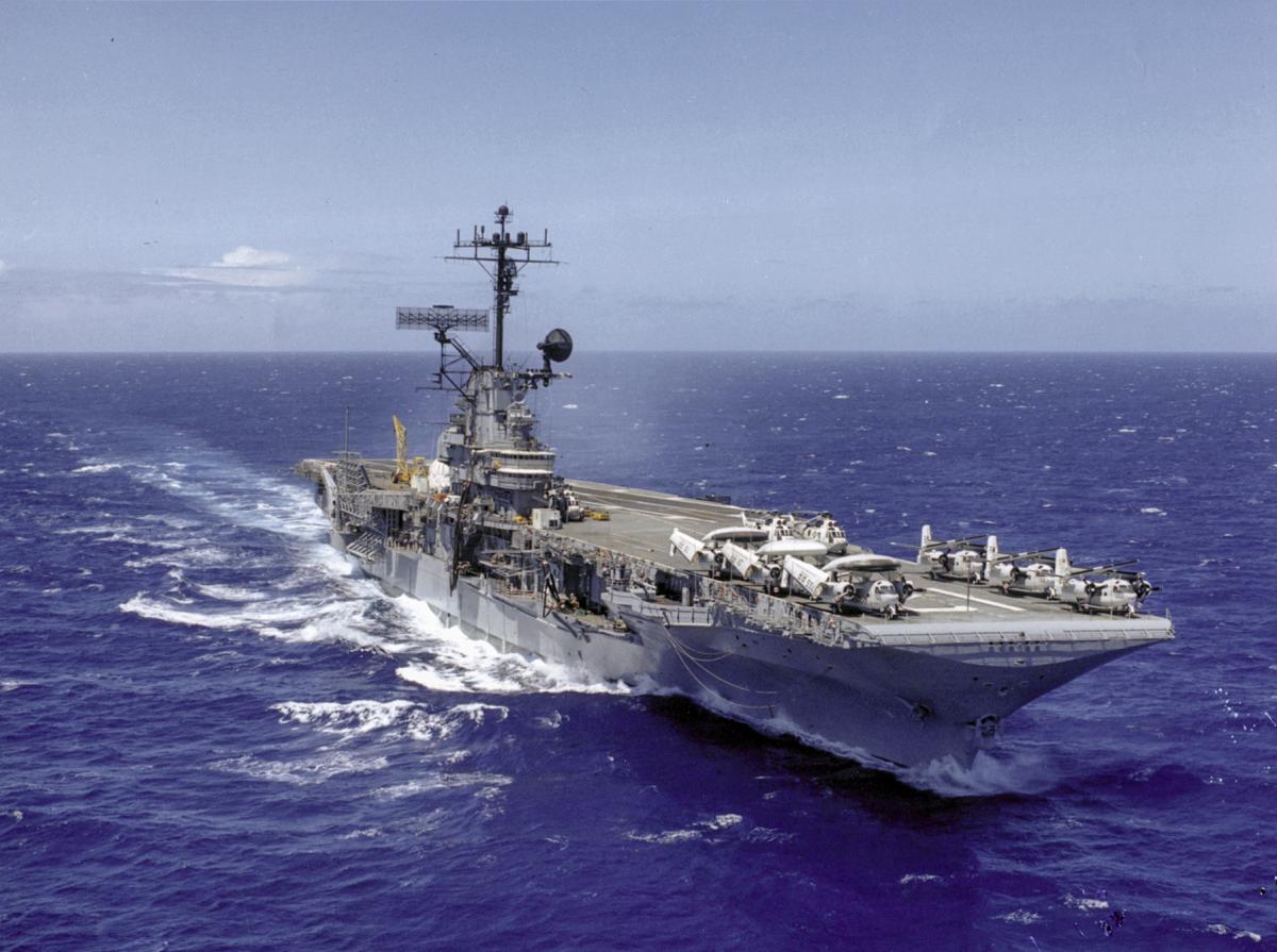 The Hornet under way to rendezvous with the crew of Apollo 11 in 1969.
