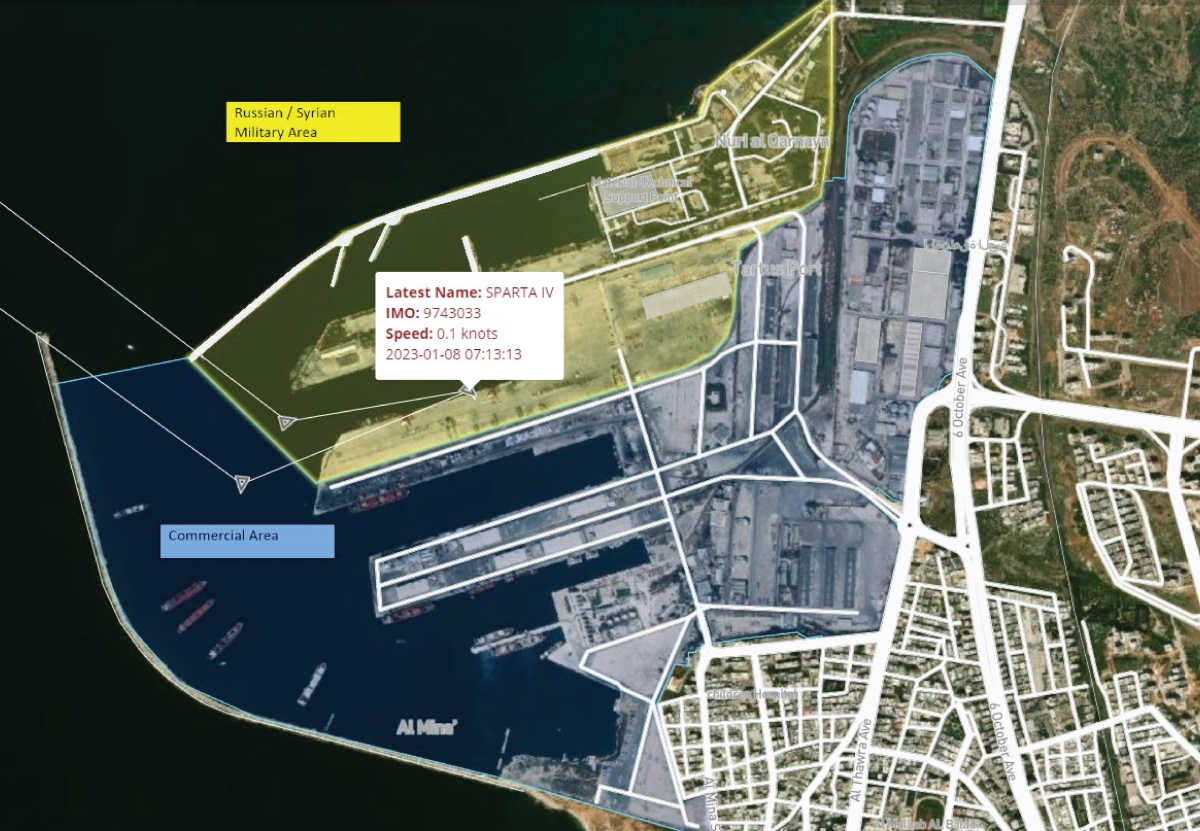 Figure 5: SPARTA IV’s AIS transmissions from Russia’s Tartus naval port Source: AIS data and analysis provided by Geollect