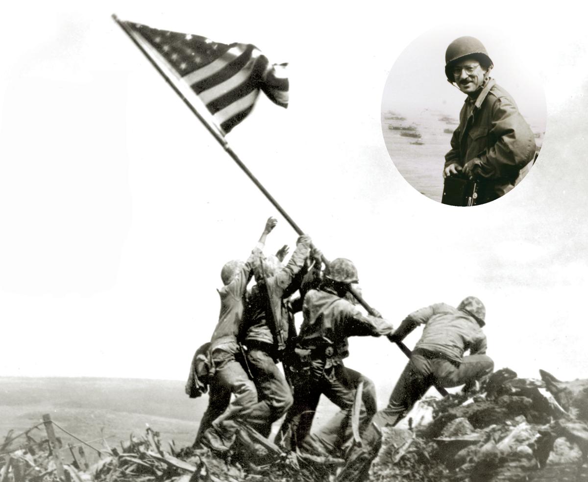 Marines raise the second U.S. flag over Iwo Jima, as photographed by Joe Rosenthal (inset).