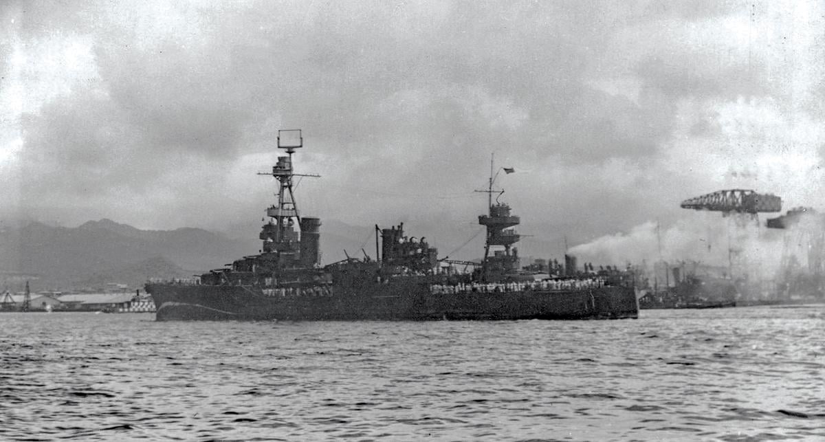 Port quarter view of the heavy cruiser USS Northampton in Pearl Harbor