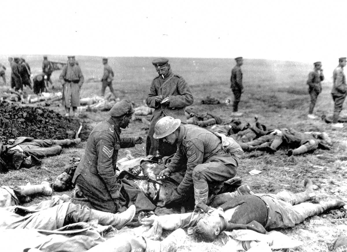 Wounded Marines on the battlefield during World War I