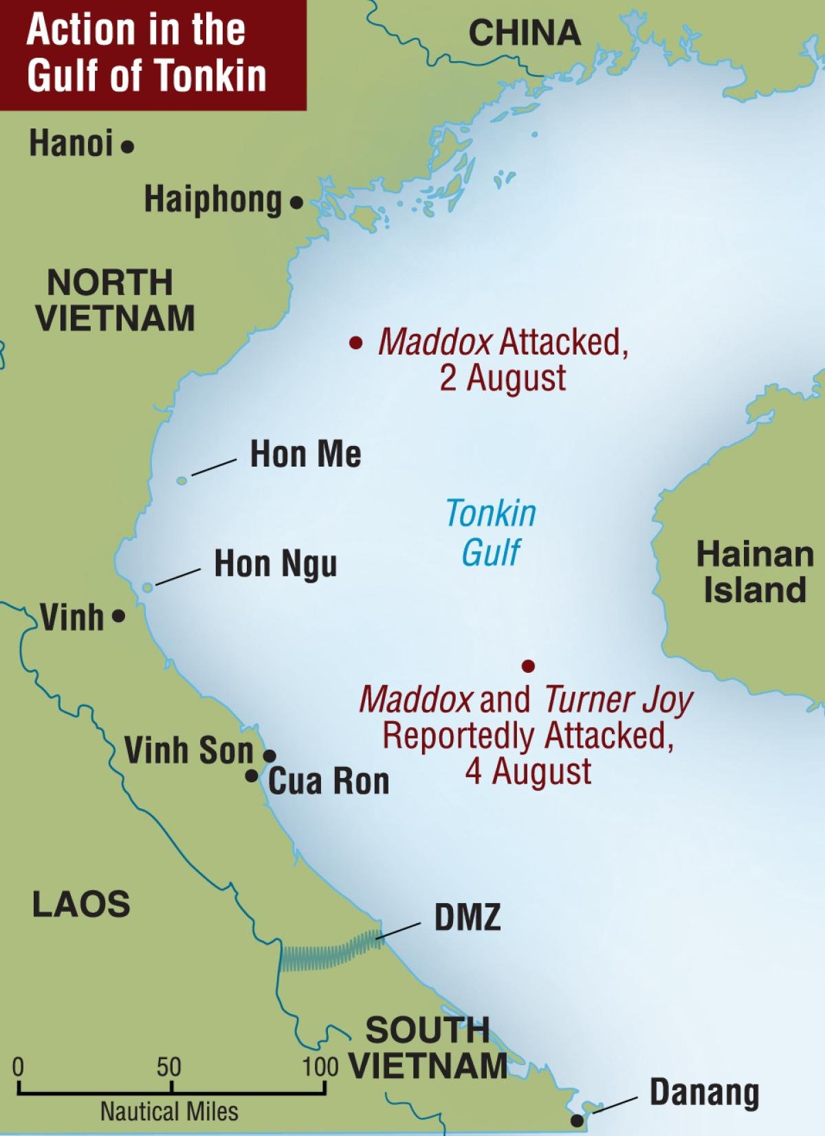 Map showing action in the gulf of Tonkin, August 1964