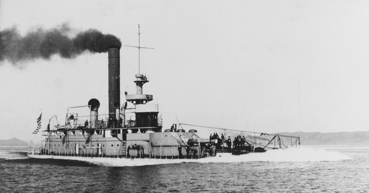 Starboard bow view of USS Wyoming (Monitor No. 10) underway on trials in 1902