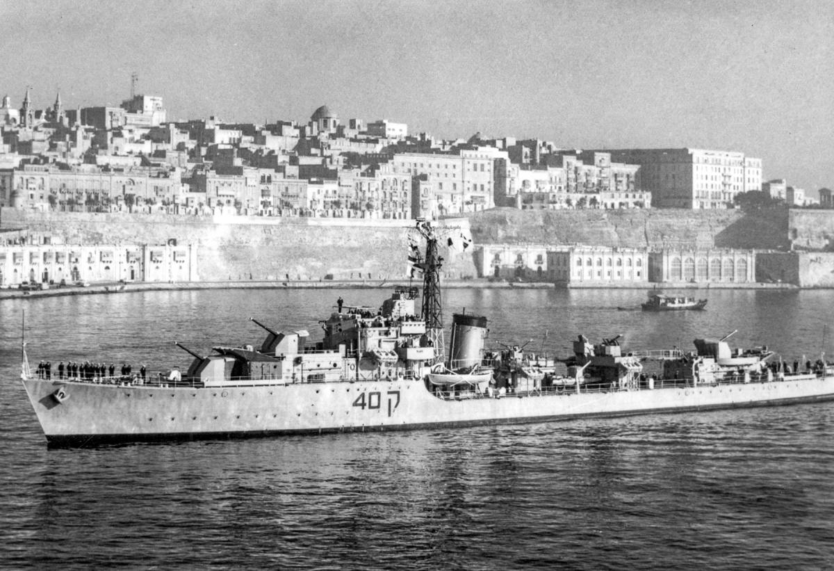 Port oblique view of the Israeli destroyer Elath