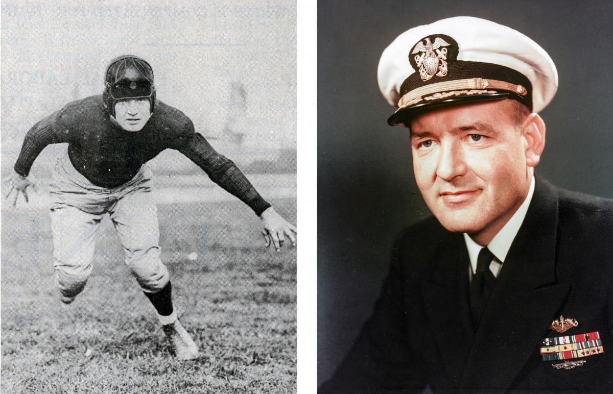 Two portraits of Slade Cutter, one as a midshipman in football gear, the other as a naval officer