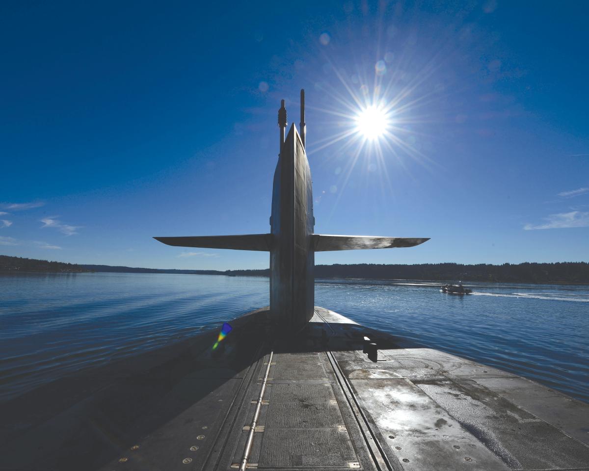 The guided-missile submarine USS Ohio (SSGN-726) transits through the Puget Sound 