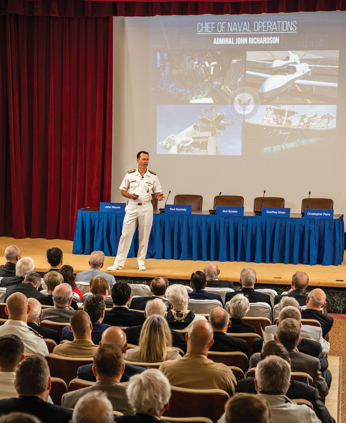 Then-Chief of Naval Operations Admiral John Richardson speaking at the Naval War College’s Current Strategy Forum 2018