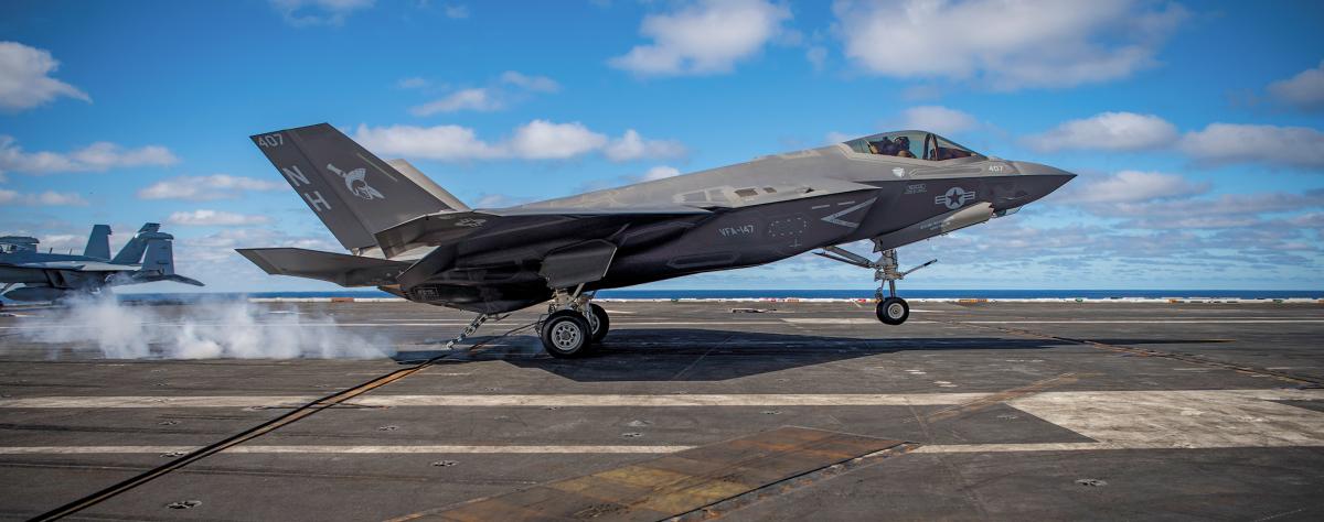 An F-35C Lightning II assigned to the “Argonauts” of Strike Fighter Squadron (VFA) 147 makes an arrested landing on the flight deck of Nimitz-class aircraft carrier USS Carl Vinson (CVN-70)