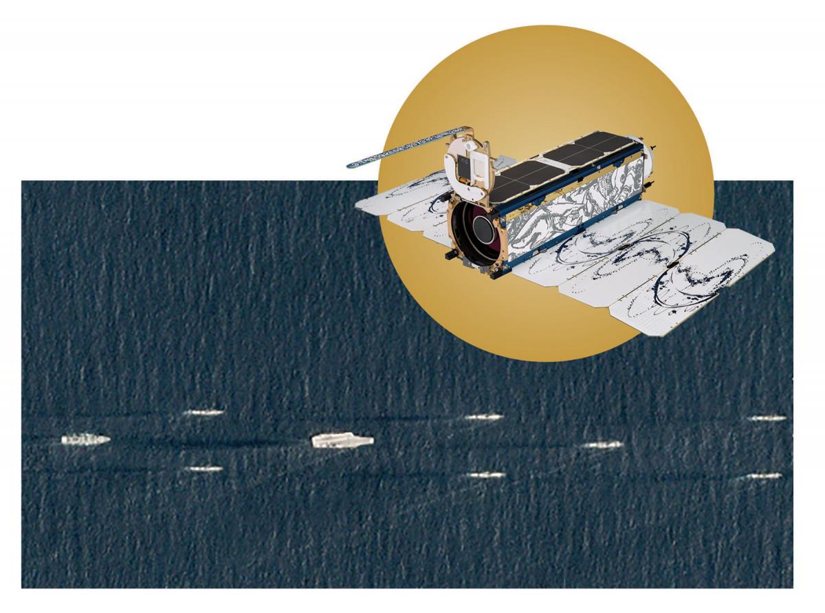 A Dove satellite and satellite imagery of Chinese carrier Liaoning at sea.