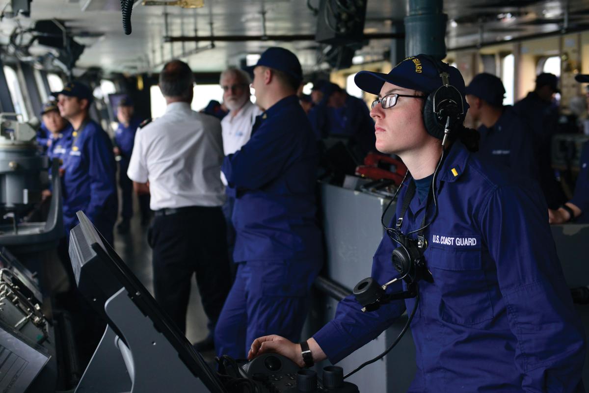 Ensign Tasha Bull stands watch on the bridge of the Coast Guard Cutter Polar Star as it transits out of Lyttelton, New Zealand, Wednesday, Jan. 3, 2018