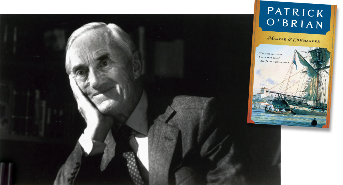 Portrait of author Patrick O’Brian and his "Master and Commander" book