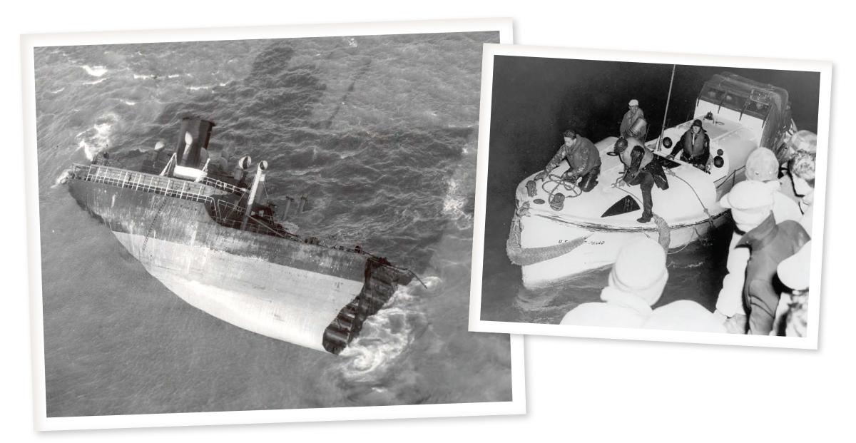 Two images of the rescue of the crew of the SS Pendleton by the U.S. Coast Guard