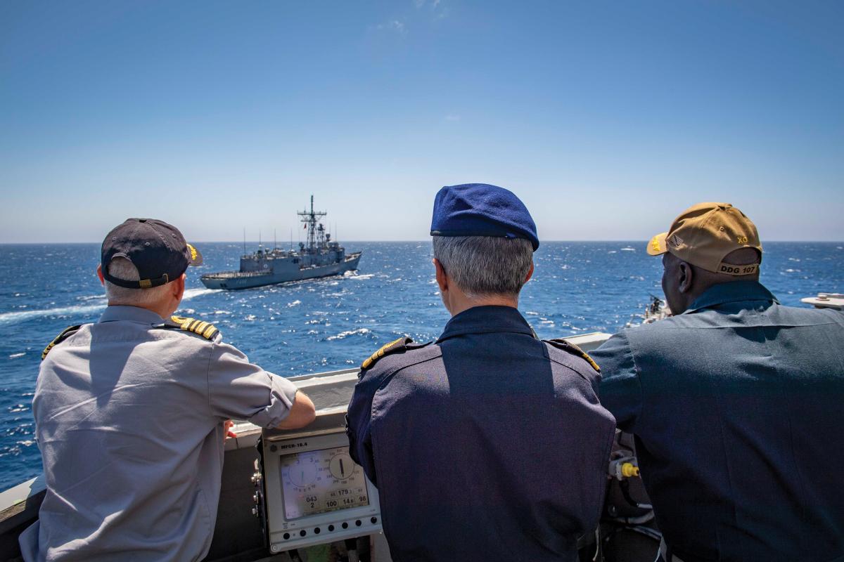 Officers from the Belgian, Portuguese, and U.S. navies observe the Turkish frigate Gökova (the former USS Samuel Eliot Morrison [FFG-13]) during a passing exercise