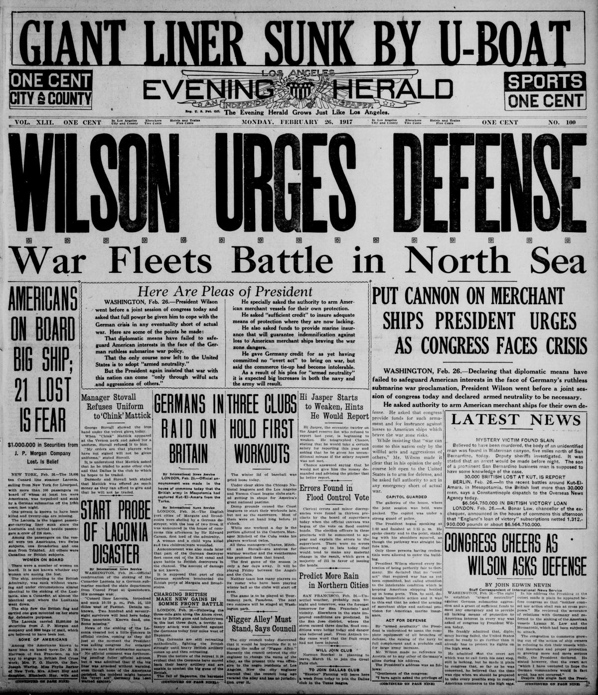 The sinking of the RMS Laconia reported in the Los Angles Herald on 26 February 1917. 