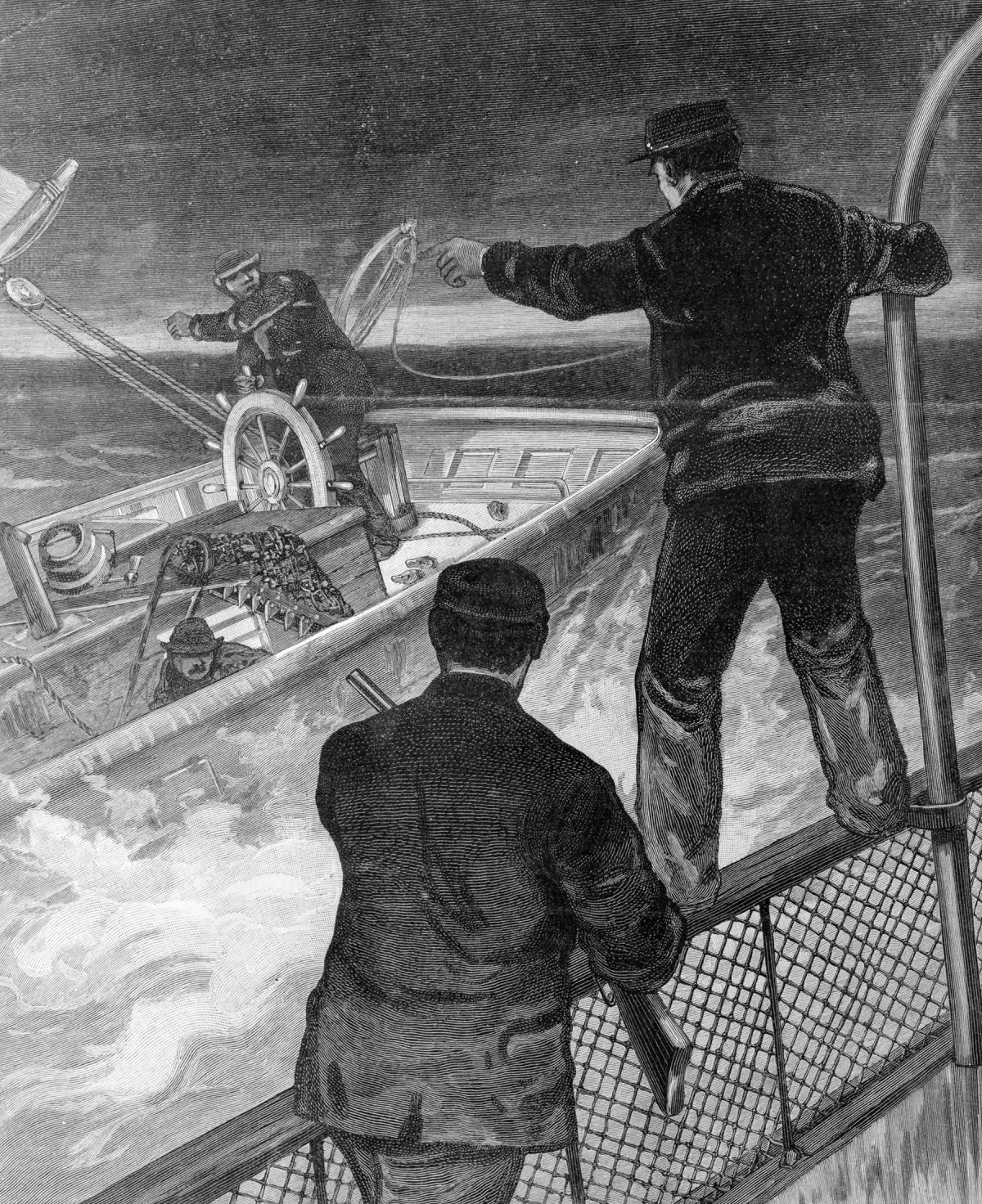 Authorities close in at gunpoint on an oyster-pirate vessel