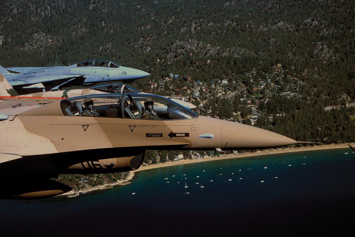  F-14, F/A-18, and F-16 adversary aircraft in flight