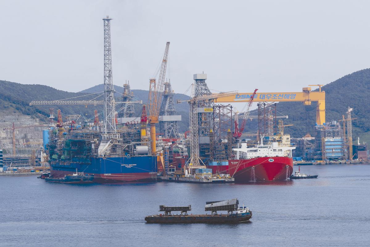 Ships under construction sit moored at the DSME shipyard in Geoje, South Korea