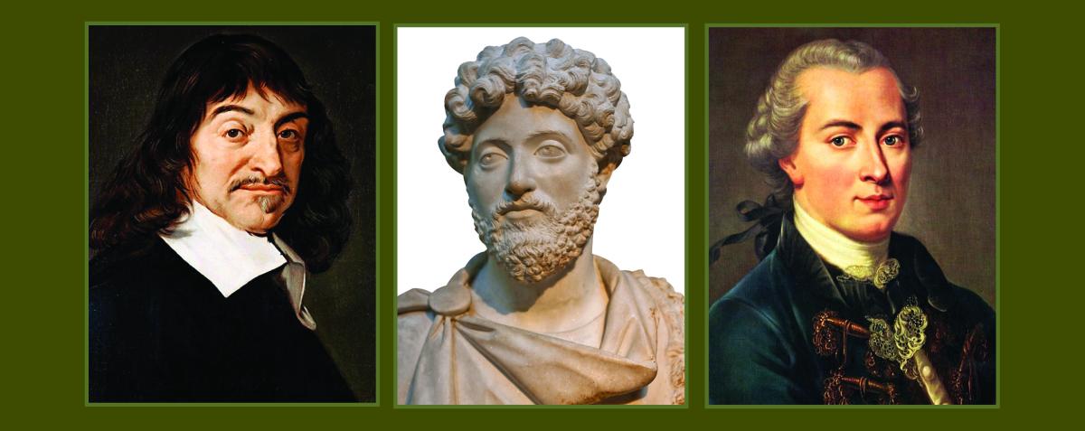 Composite showing philosophers Rene Descartes, Marcus Aurelius, and Immanuel Kant