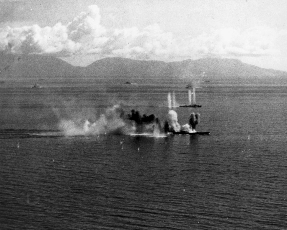 Japanese battleship Musashi under heavy attack during the Battle of the Sibuyan Sea, 24 October 1944