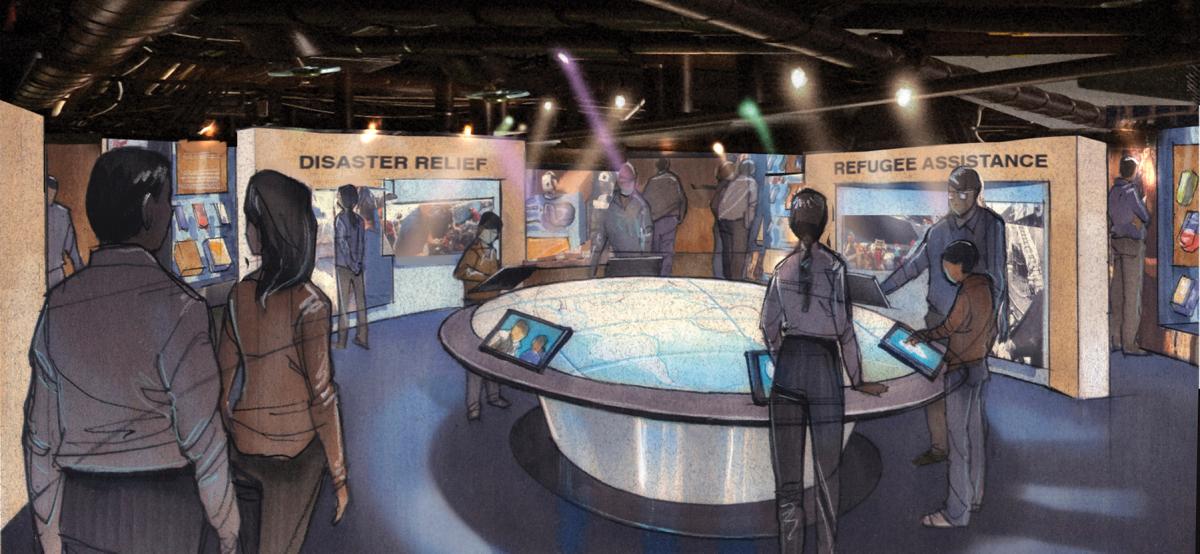 Artist’s concept of a themed exhibit area at the Surface Navy Museum.