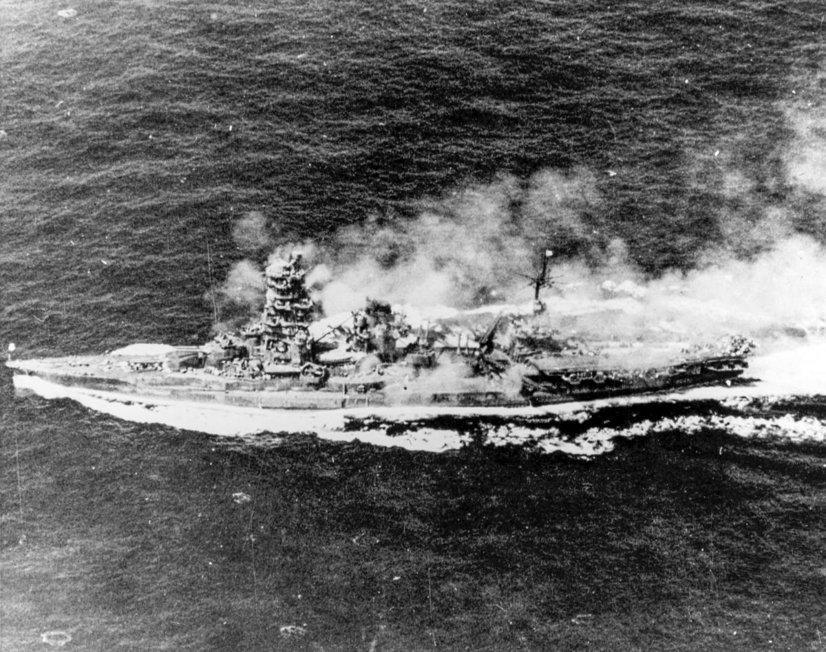 Japanese battleship Ise under aerial attack during the Battle of Leyte Gulf