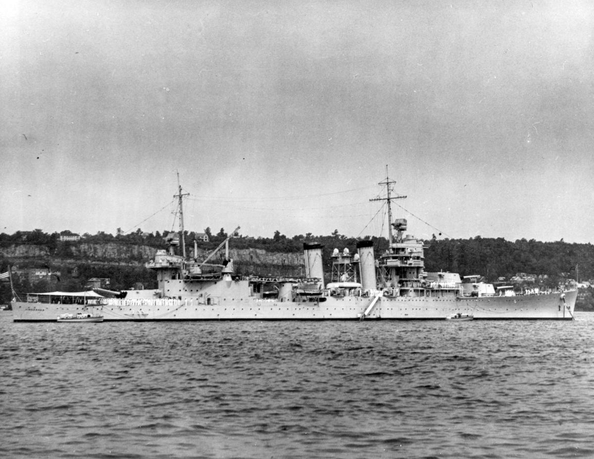 Starboard Profile view of the USS Vincennes (CA-44) at anchor