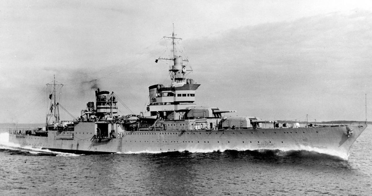 Starboard bow view of USS Indianapolis (CA-35) underway