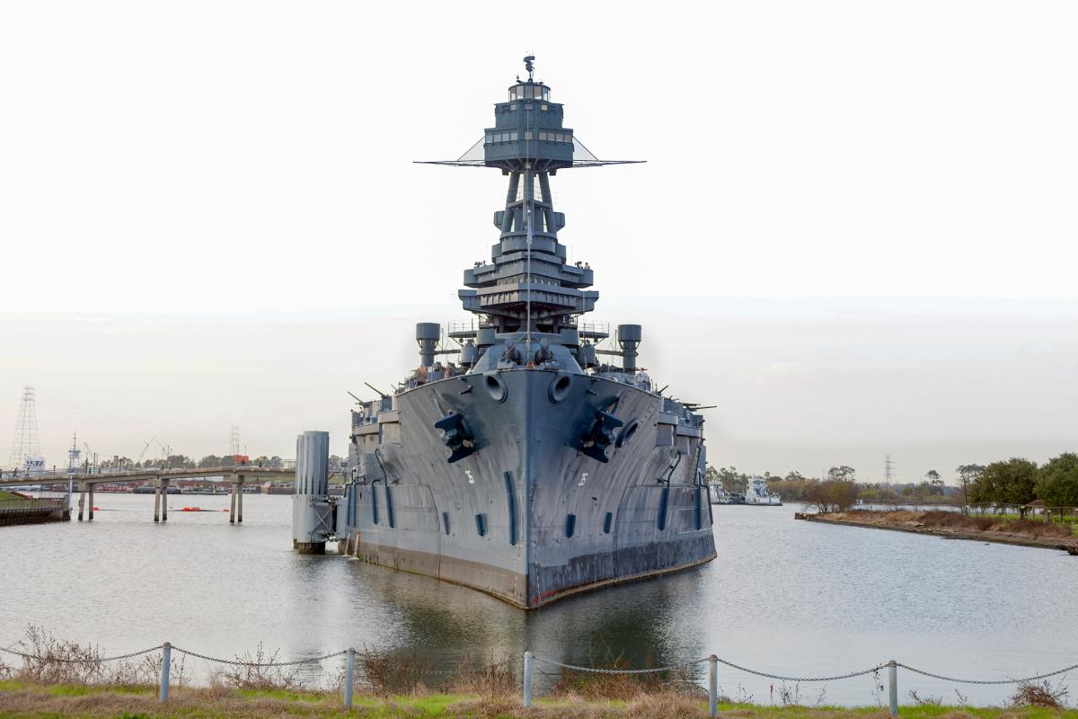Head-on view of the battleship Texas moored as a museum ship