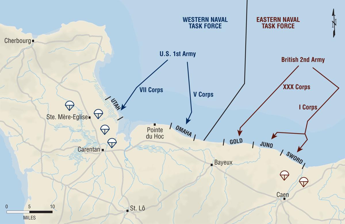 Map showing the The Invasion of Normandy, 6 June 1944