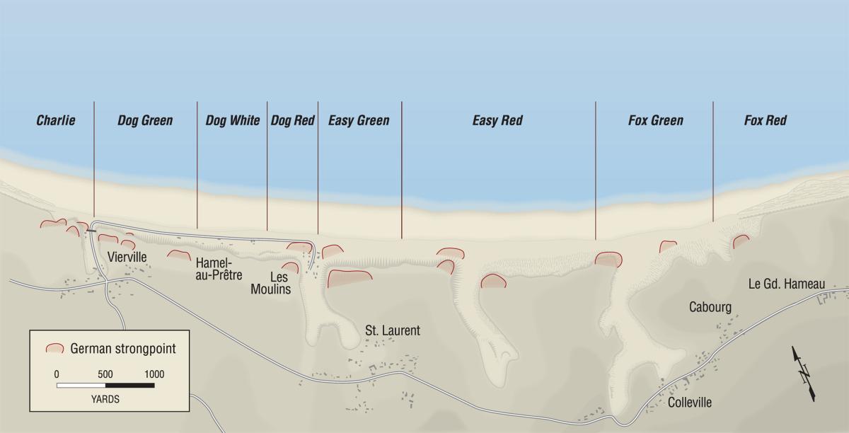 Map showing Defenses Along Omaha Beach, D-Dy, 6 June 1944