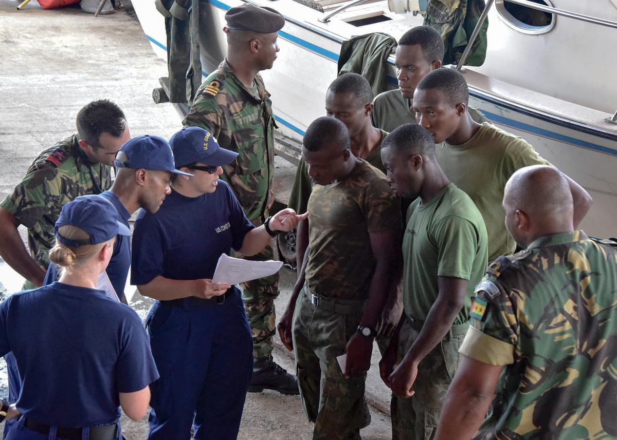 U.S. Coast Guard works with members of the São Tomé and Príncipe Coast Guard during a law enforcement exchang