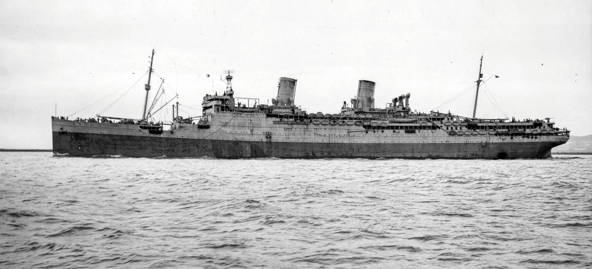 Port broadside surface view of the USS Hermitage (AP-54)
