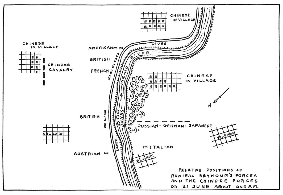 Map showing relative positions of Admiral Seymour's forces and the Chinese Forces on 21 June about One P.M.