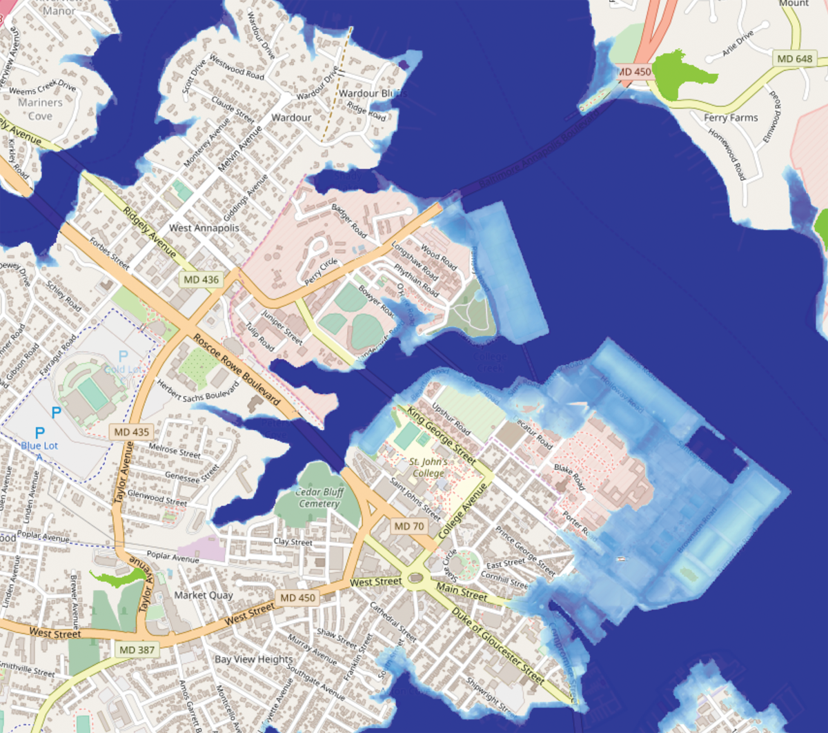 Map showing sea level rise at the U.S. Naval Academy