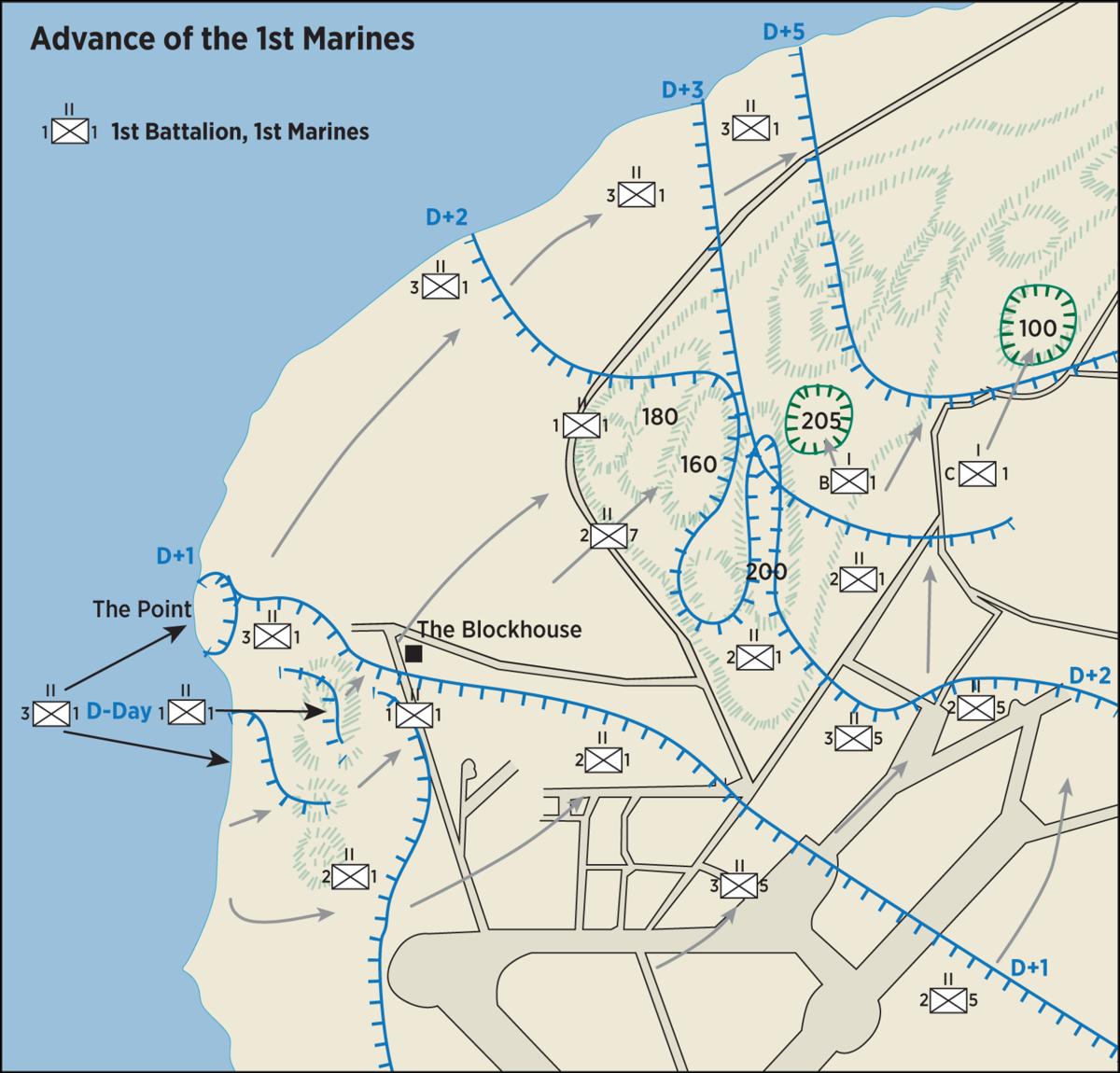 Map showing the advance of the First Marine Division on Peleliu