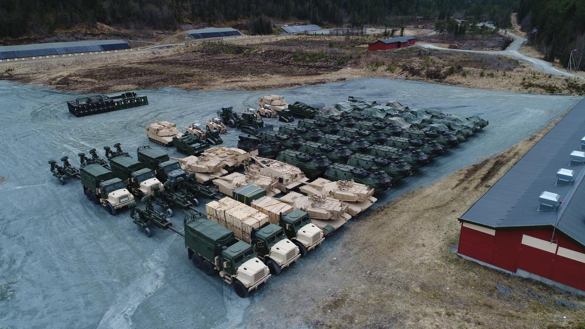 Aerial view of U.S. Marine ground combat equipment in Norway.