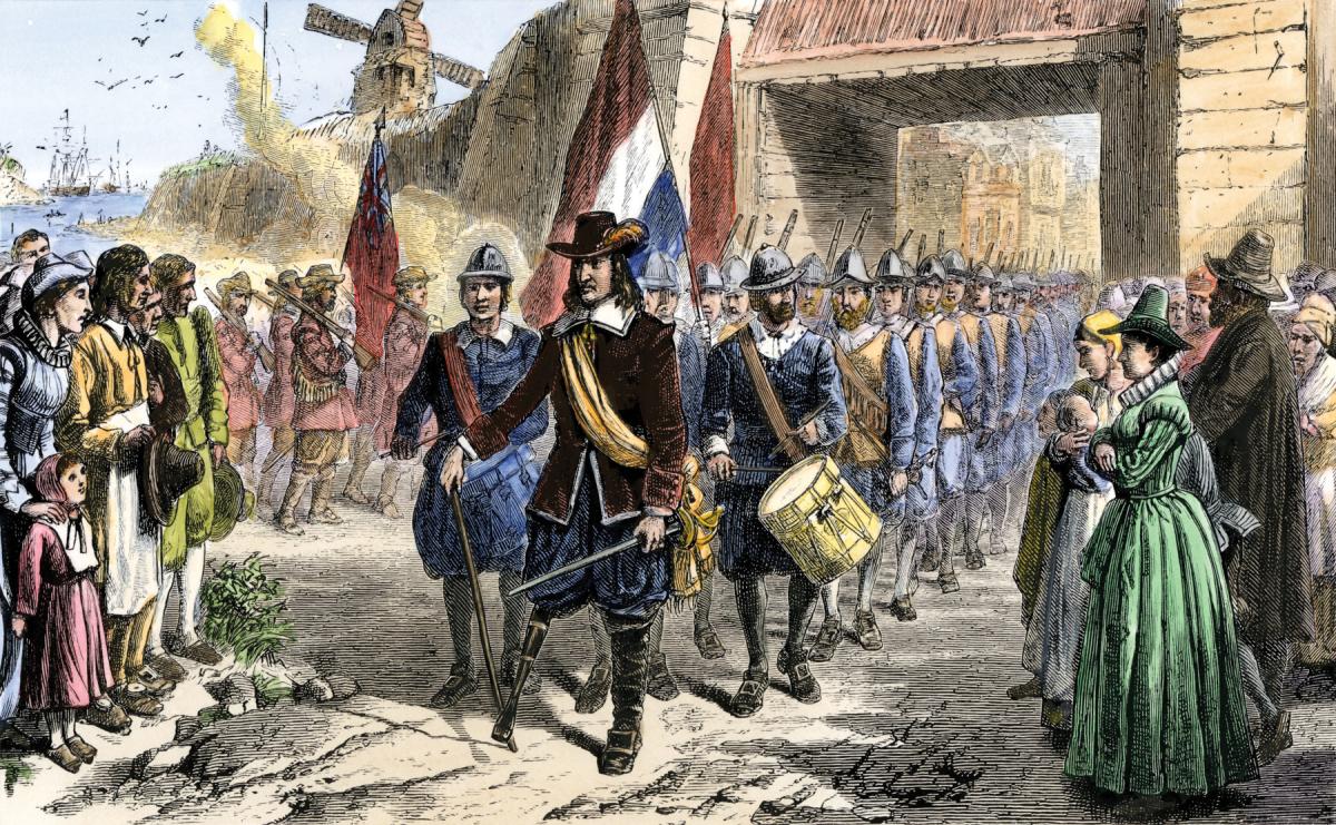 Woodcut of Peter Stuyvesant surrendering New Netherland to the English 1664