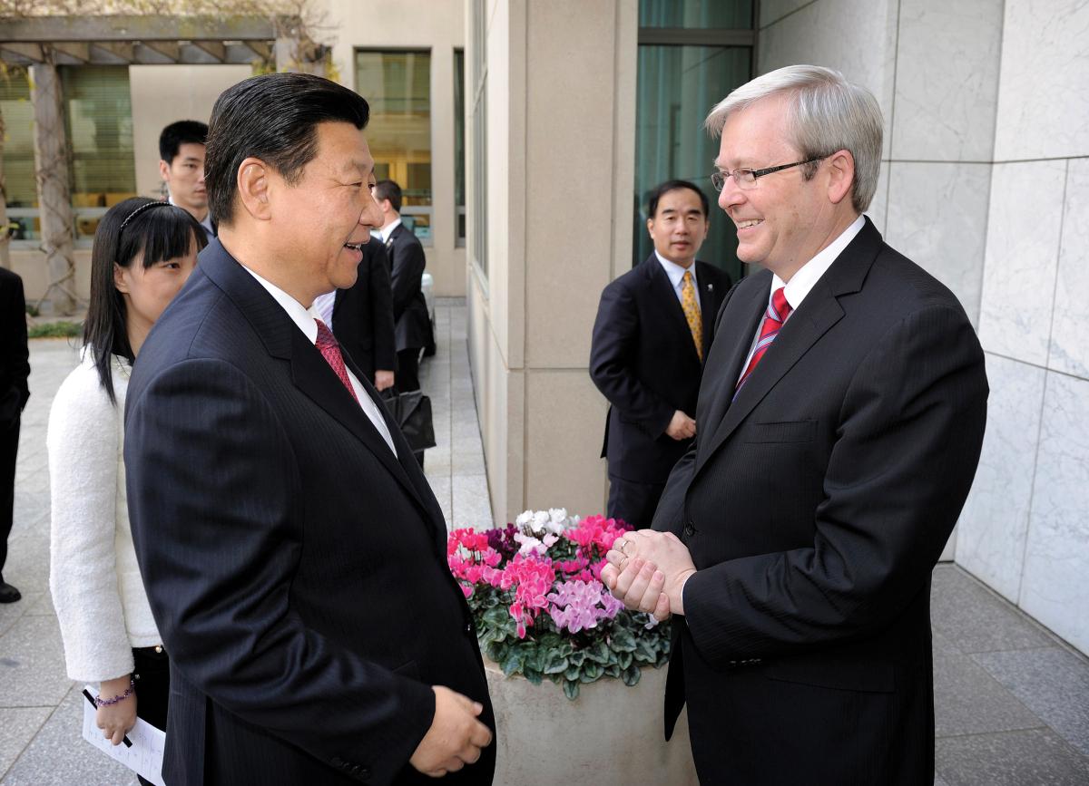 Xi Jinping and Australian Prime Minister Kevin Rudd shaking hands in Canberra, Australia, in 2010