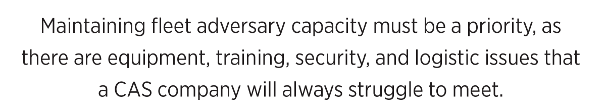 Maintaining fleet adversary capacity must be a priority, as there are equipment, training, security, and logistic issues that a CAS company will always struggle to meet.