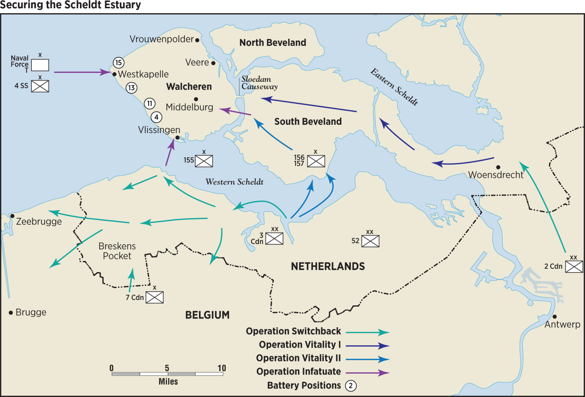 Map of operations that secured the Scheldt Estuary during World War II