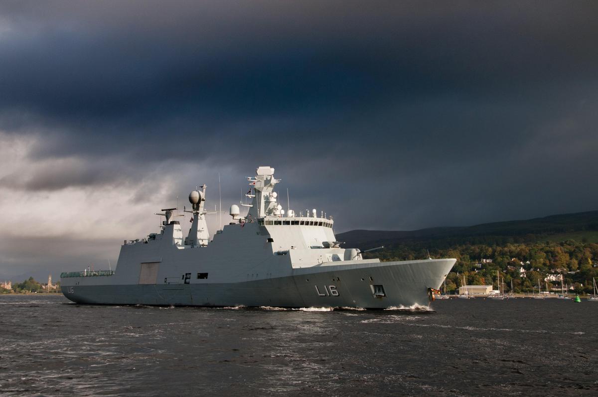 Starboard bow view of the Danish warship HDMS Absalon underway
